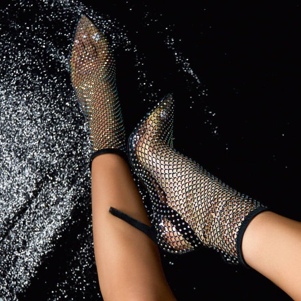 Glimmer Rhinestone Mesh Heel Boots - Shoes - Mermaid Way