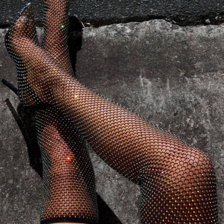 Black Diamante Fishnet Over The Knee Thigh High Long Sock Boots – FloralKini