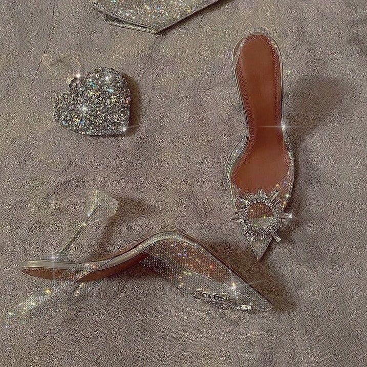 Cinderella Pointed Toe Crystal Brooch Heels - Shoes - Mermaid Way
