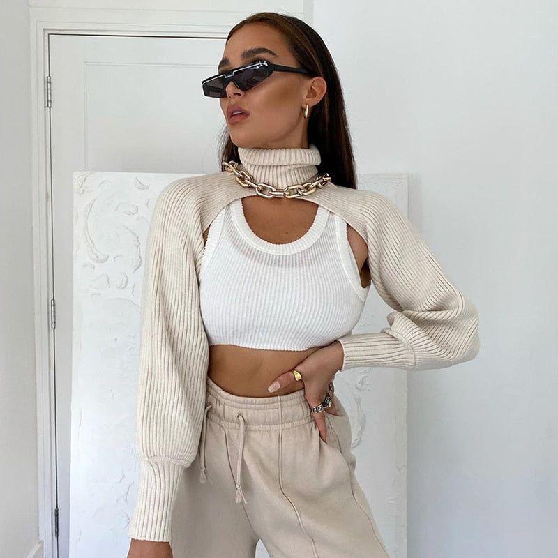 Romana Knitted Turtleneck Crop Top Sweater - Beige / One Size - Mermaid Way