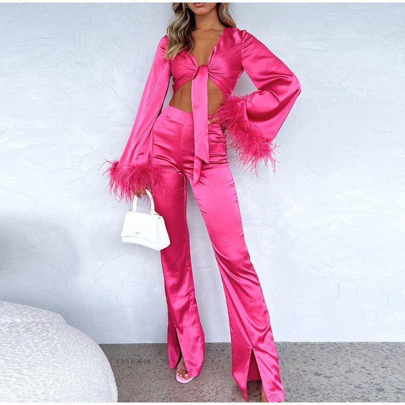 Rose Lotus Feather Sleeve Satin Two-Piece Set - Hot Pink / S - Mermaid Way