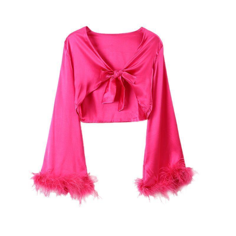 Rose Lotus Feather Sleeve Satin Two-Piece Set - Hot Pink / S - Mermaid Way