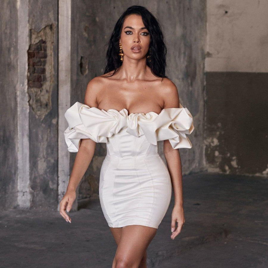 Zari Ruffles Satin Off Shoulder Mini Dress by Mermaid Way