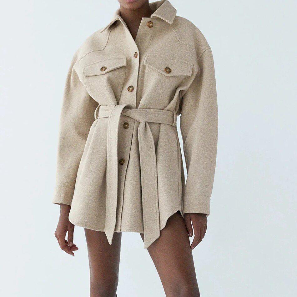 Shadya Belted Wool Shirt Coat - Beige / XS - Mermaid Way