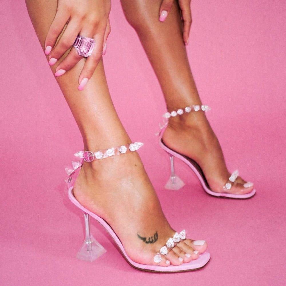 Showing Up Pyramid Heels Studded Sandals - Pink / 4 - Mermaid Way