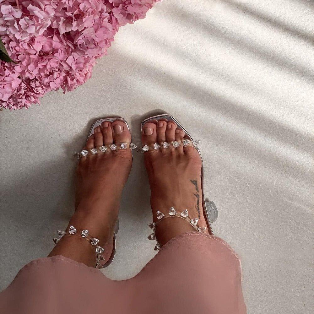 Showing Up Pyramid Heels Studded Sandals - Pink / 4 - Mermaid Way