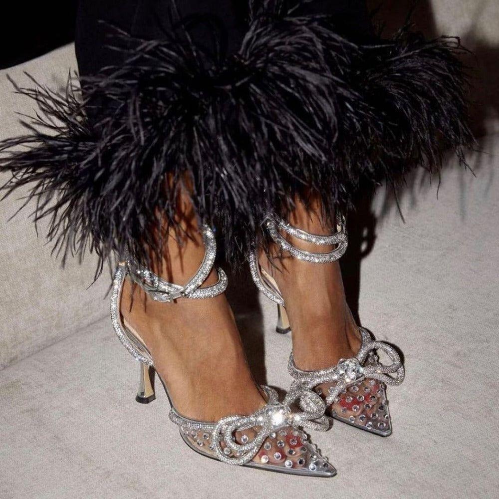 Showstopper Double Bow Crystal Embellished Heels - Clear / 4 - Mermaid Way