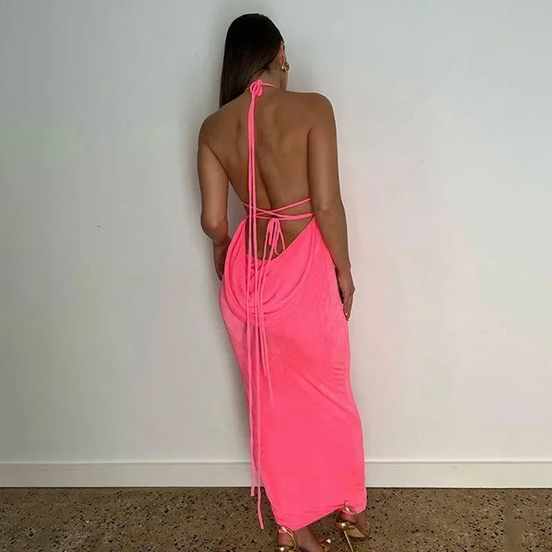 Silvana Hot Pink Draped Back Velvet Maxi Dress Silvana Hot Pink Draped Back Velvet Maxi Dress