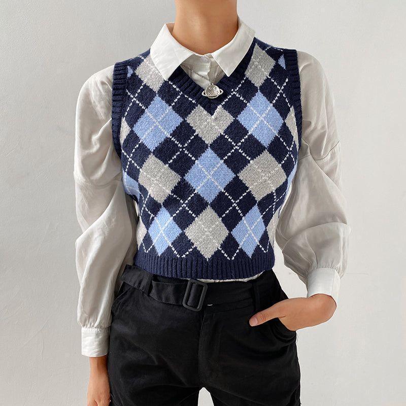 Silvia Knitted Plaid Crop Vest - Blue / S - Mermaid Way