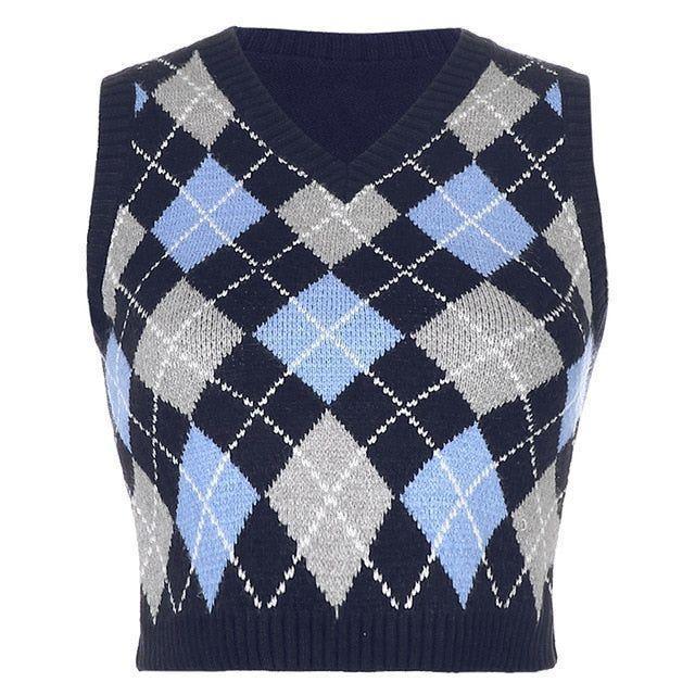 Silvia Knitted Plaid Crop Vest - Blue / S - Mermaid Way