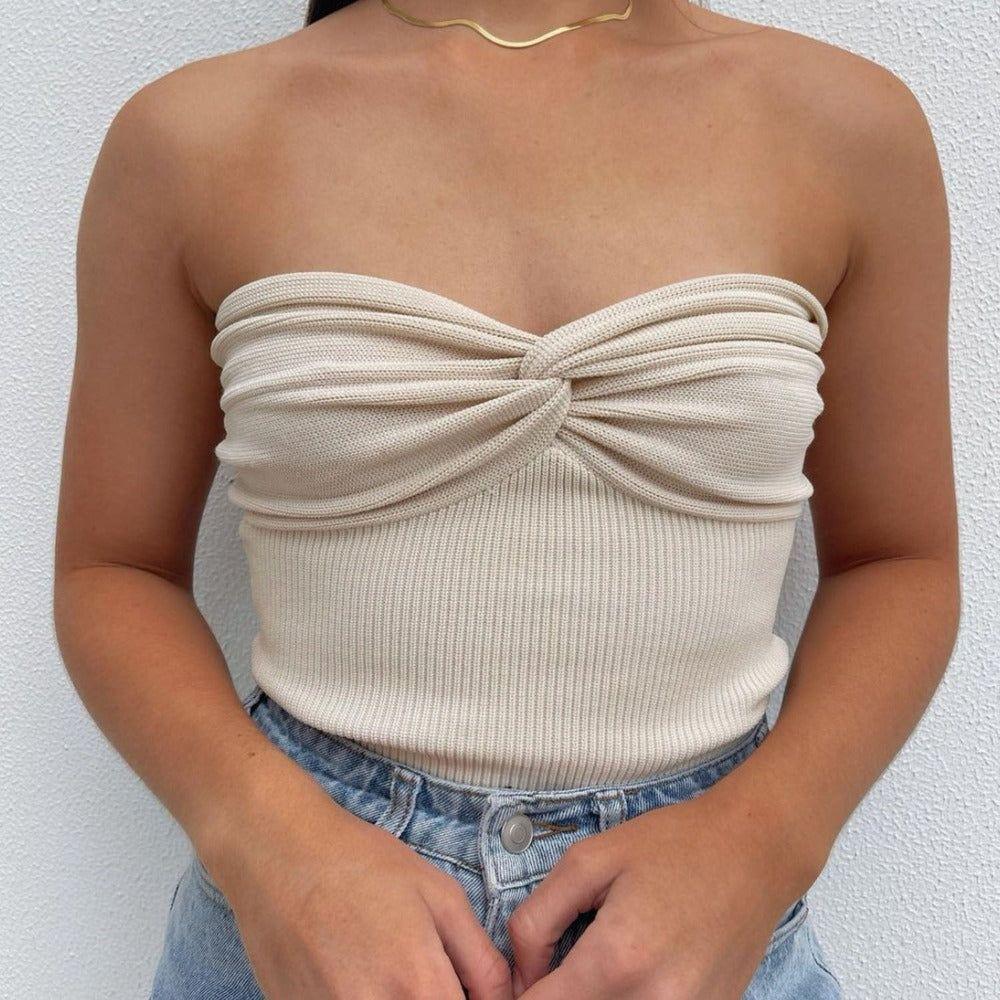 Small Treasure Ruched Twist Bandeau Knitted Top - Beige / S - Mermaid Way