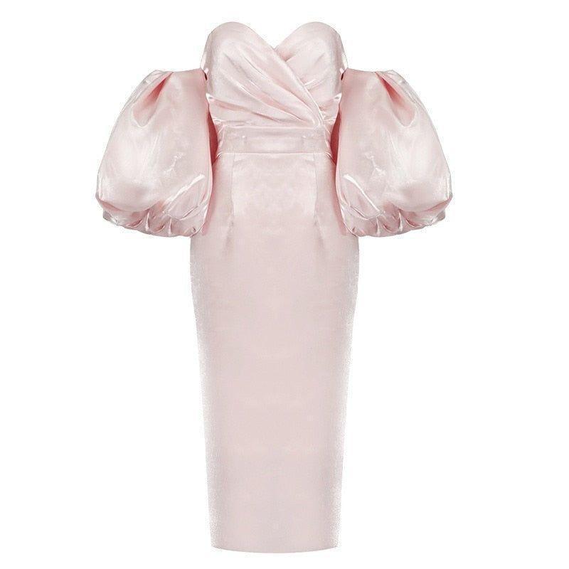 Smiley Puff Sleeve Satin Midi Dress - Pink / XS - Mermaid Way