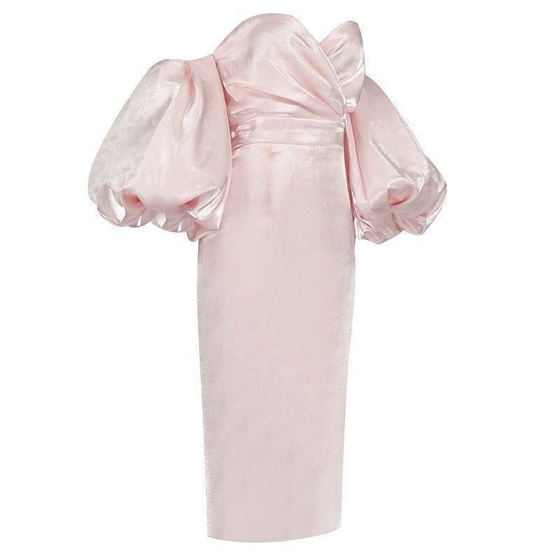 Smiley Puff Sleeve Satin Midi Dress - Pink / XS - Mermaid Way