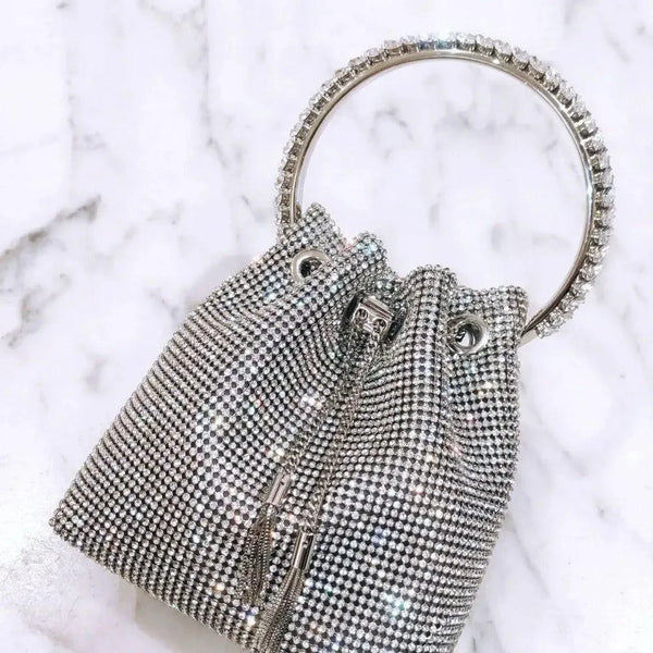 rhinestone bucket bag with round handle, evening accessory