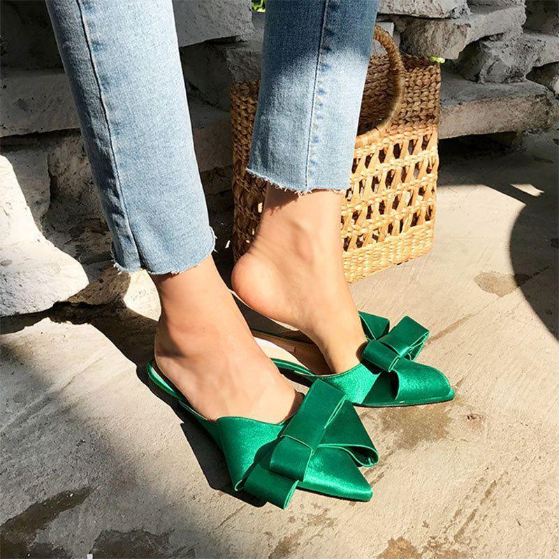 Starry Night Oversized Bow Satin Slippers - Green / 4 - Mermaid Way