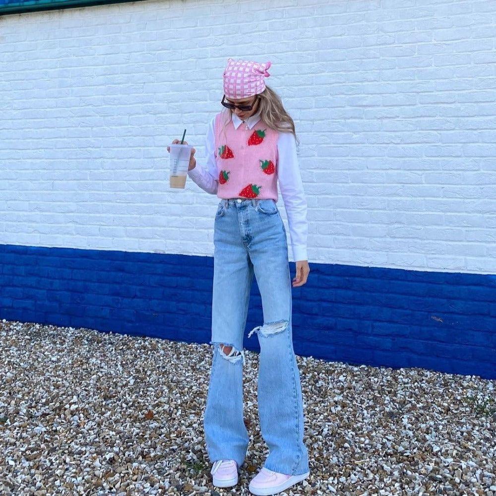 Strawberry Milkshake Cropped Knitted Vest - Pink / S - Mermaid Way