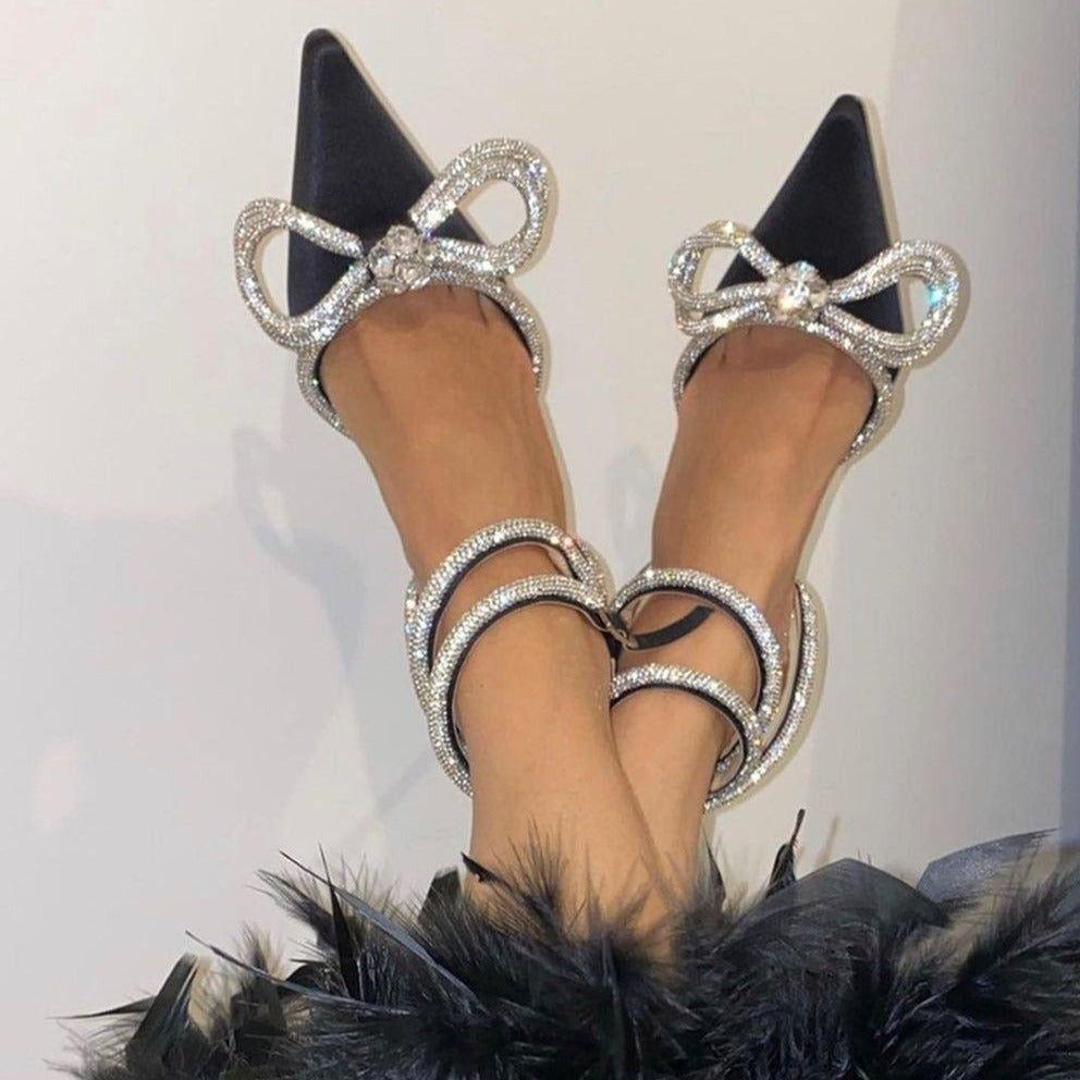 Sugarcoat Diamante Double Bow Satin Heels - Black / 5 - Mermaid Way