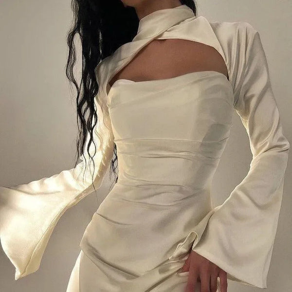 Swan Backless Halter Draped Satin Mini Dress ‍ Mermaid Way Ivory / M