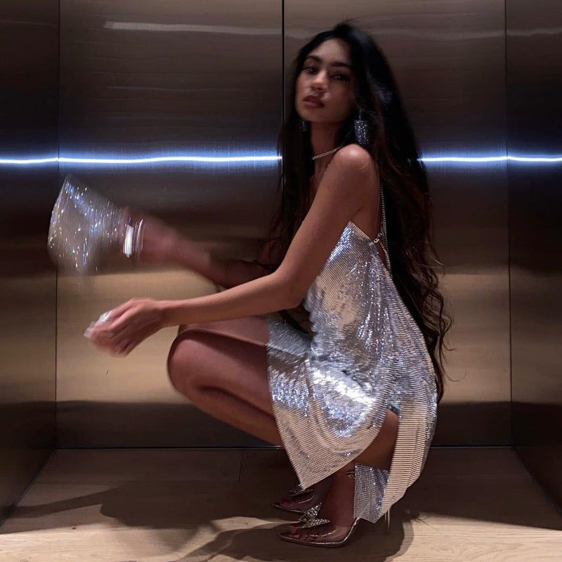 Self Love Metallic Mesh Crystal Straps Mini Dress - Dresses - Mermaid Way