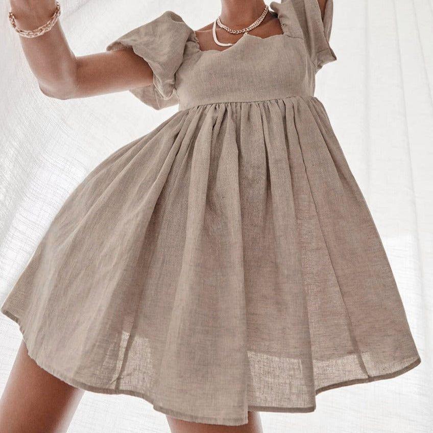 Tampa Puff Sleeve High Waist Linen Mini Dress - Khaki / S - Mermaid Way