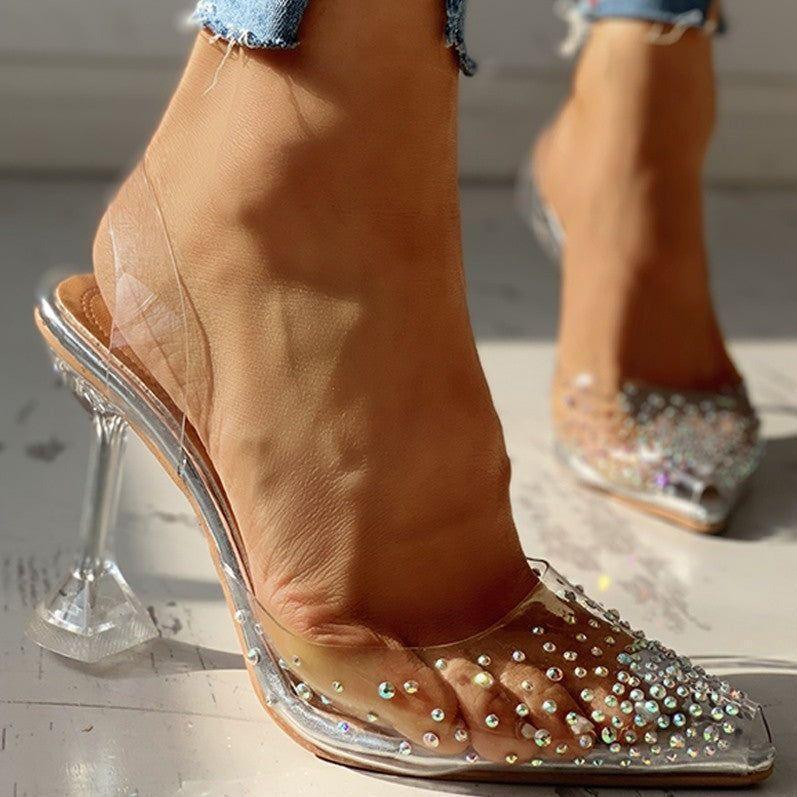 Teaser Transparent Rhinestone Pointed Toe Heels - Clear / 5 - Mermaid Way