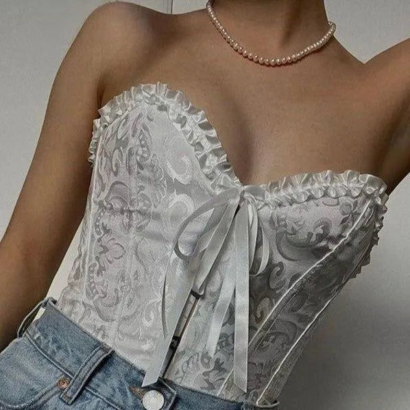 Tenderness Lace Up Corset Satin Crop Top - White / M - Mermaid Way