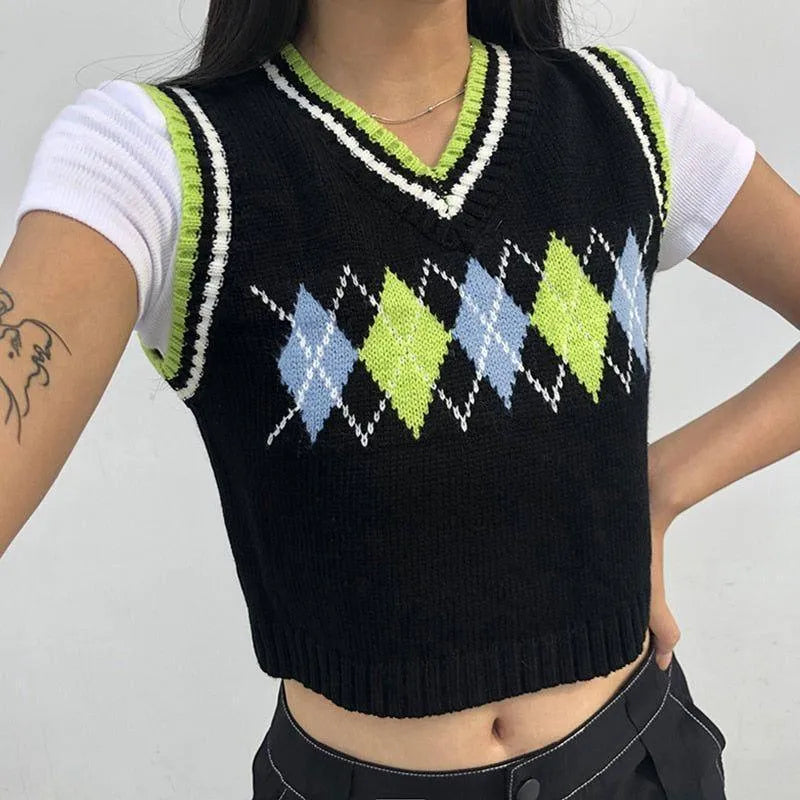 Theda Argyle Plaid Knitted Crop Vest - Light Green / S - Mermaid Way