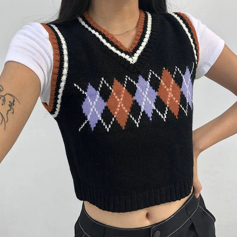Theda Argyle Plaid Knitted Crop Vest - Light Green / S - Mermaid Way