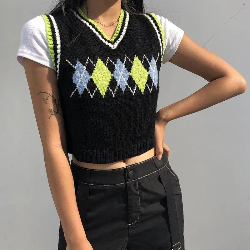 Theda Argyle Plaid Knitted Crop Vest - Light Green / S - Mermaid Way