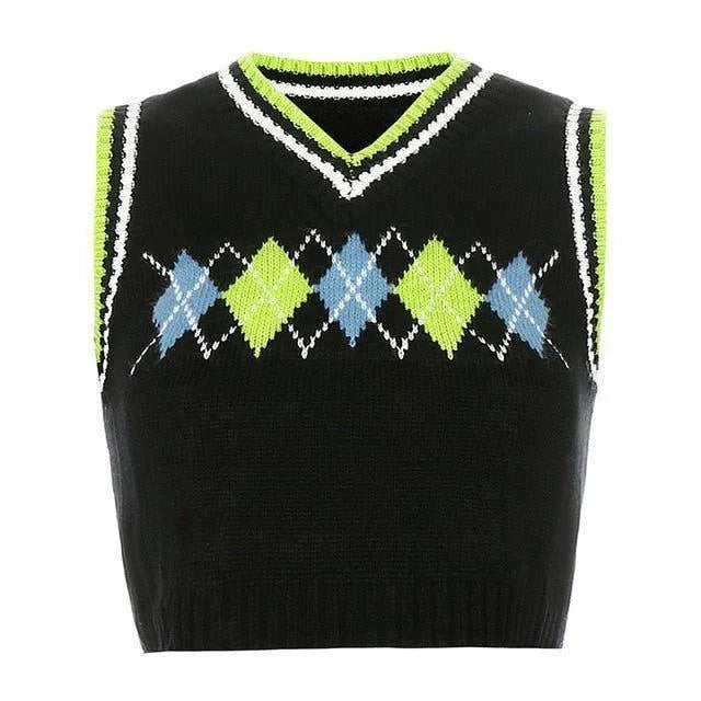 Theda Argyle Plaid Knitted Crop Vest - Light Green / S - Mermaid Way