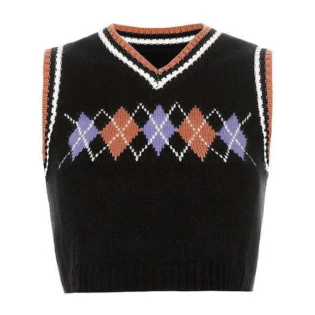 Theda Argyle Plaid Knitted Crop Vest - Light Green / S - Mermaid Way