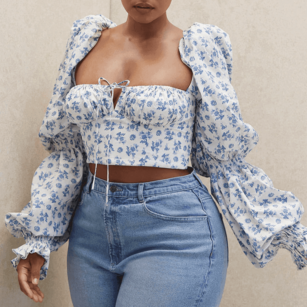 Trinity Puff Sleeve Ruched Crop Top - Light Blue / XS - Mermaid Way