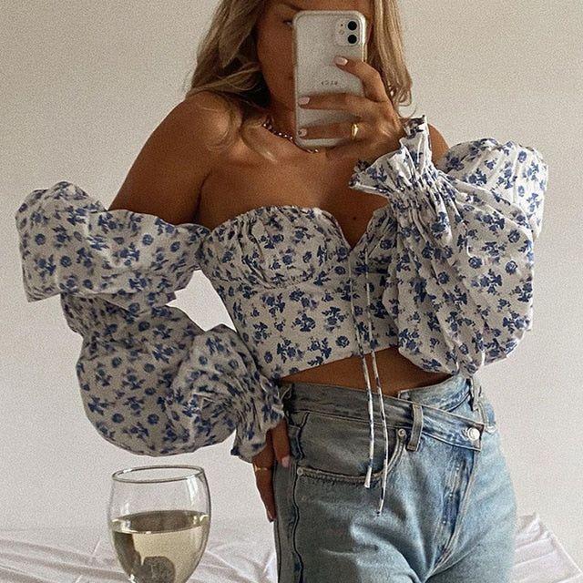 Trinity Puff Sleeve Ruched Crop Top - Light Blue / XS - Mermaid Way