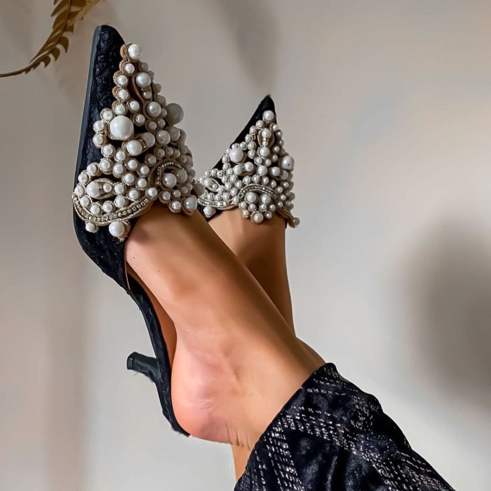 White Pearl Jeweled Lace Satin Heels