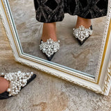 White Pearl Jeweled Lace Satin Heels - Shoes - Mermaid Way