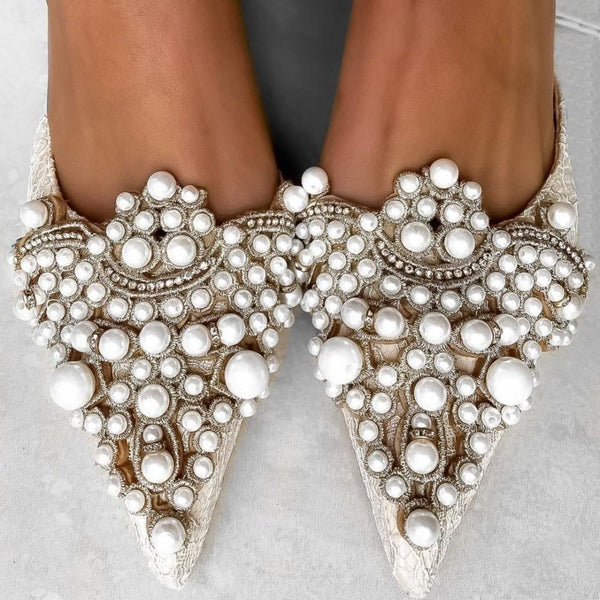 White Pearl Jeweled Lace Satin Heels - Shoes - Mermaid Way