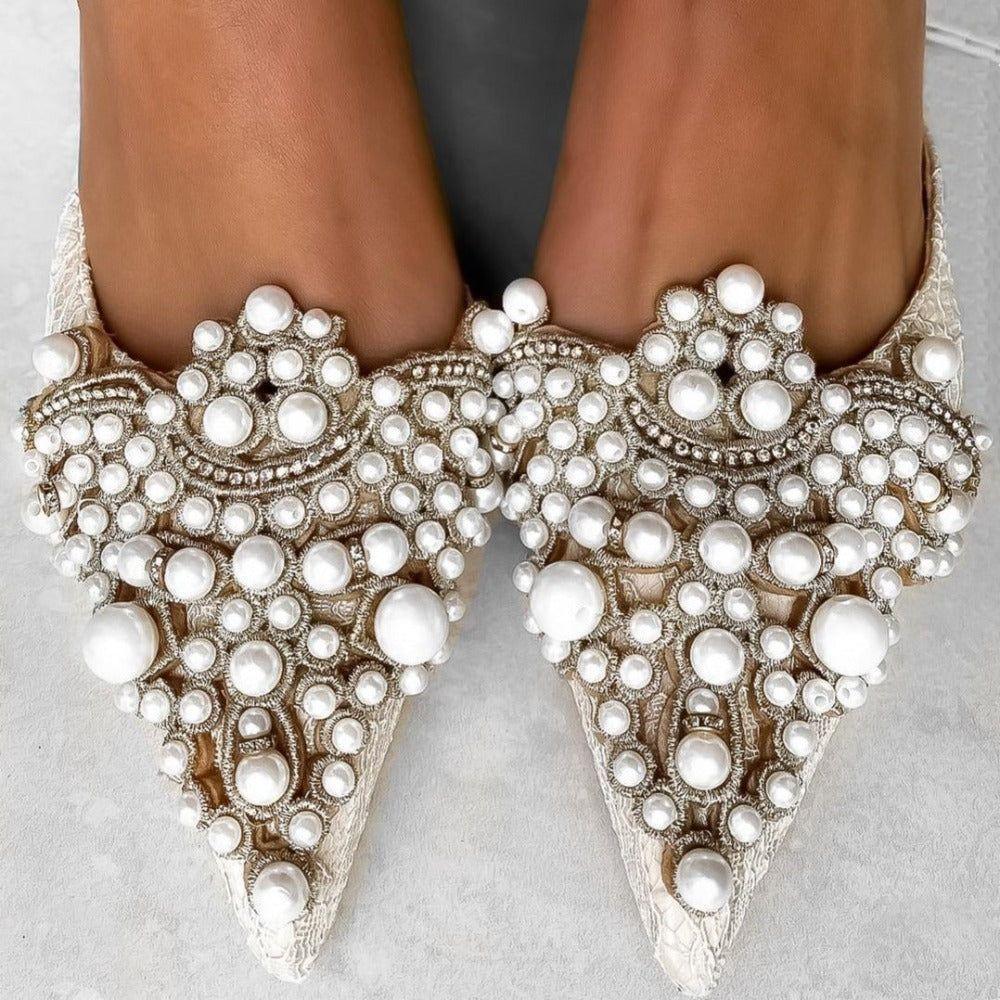 White Pearl Jeweled Lace Satin Heels - Beige / 5.5 - Mermaid Way