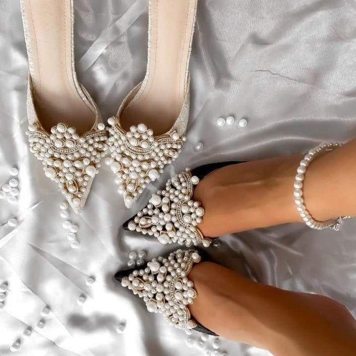 White Pearl Jeweled Lace Satin Heels - Beige / 5.5 - Mermaid Way