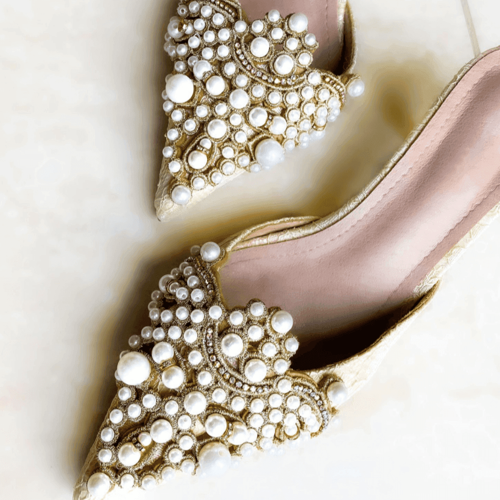 White Pearl Jeweled Lace Satin Heels - Beige / 5.5 - Mermaid Way