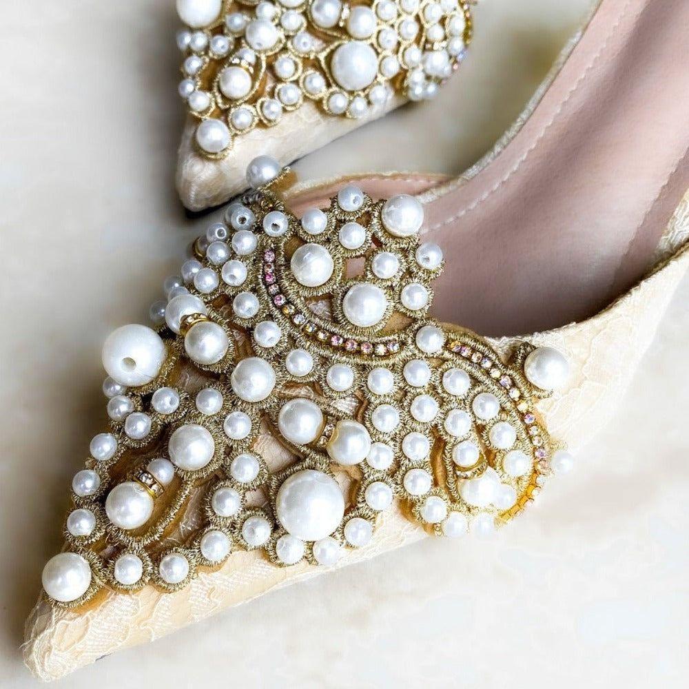 White Pearl Jeweled Lace Satin Heels - Beige / 5.5 - Mermaid Way