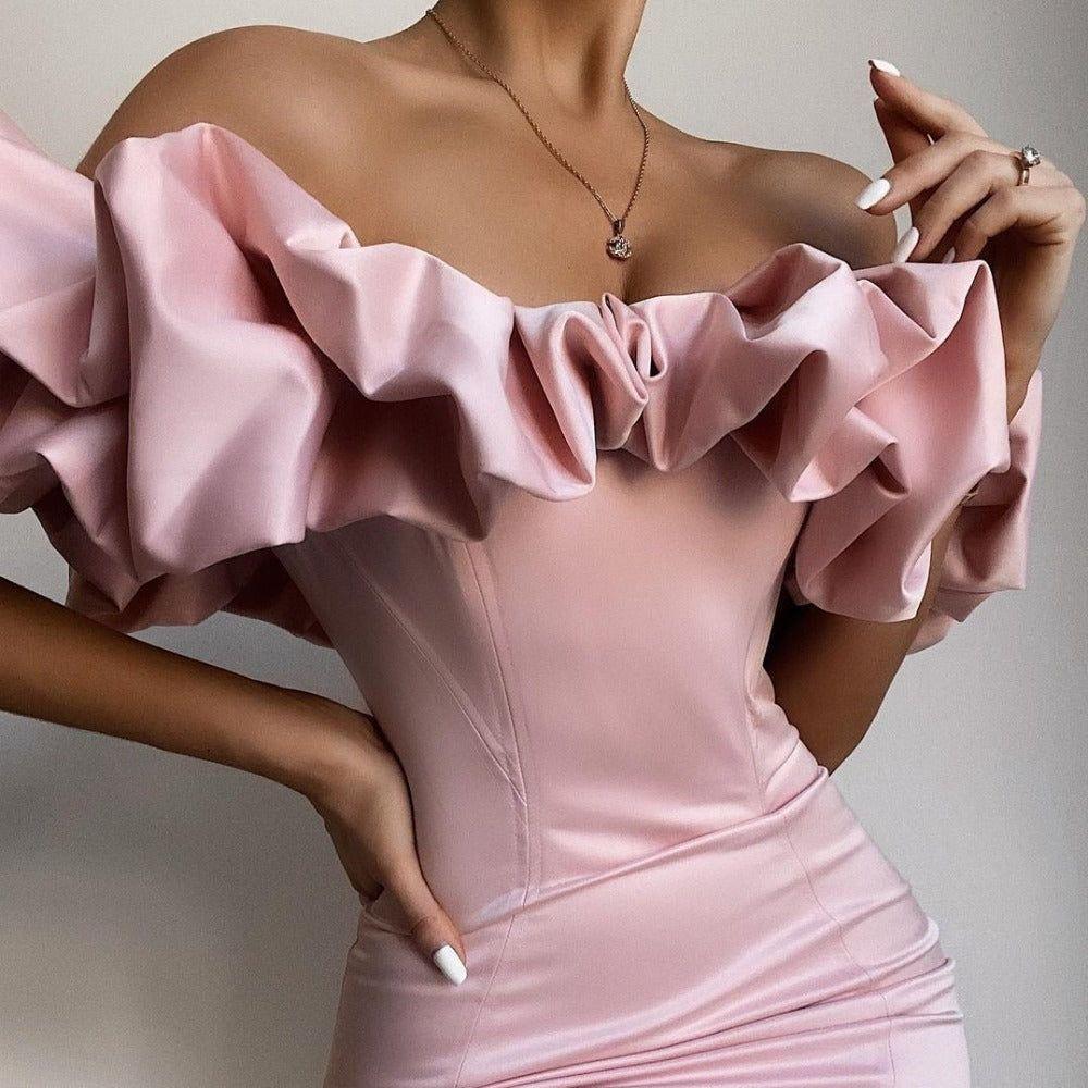 Zari Satin Ruffles Off Shoulder Mini Dress - Pink / S - Mermaid Way